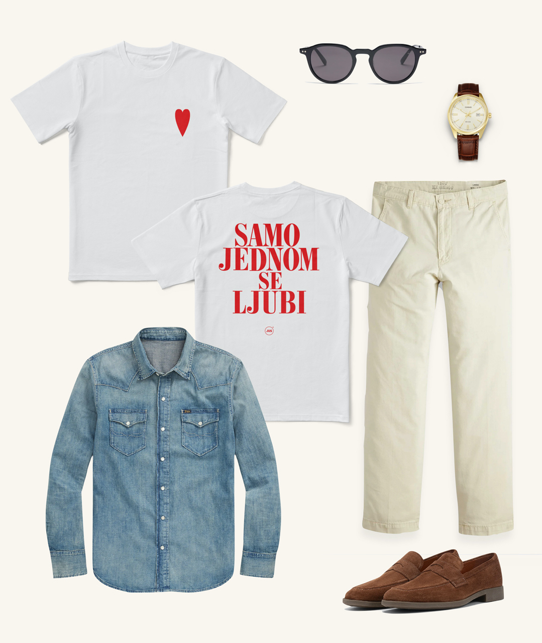 Moški stajling: majica z napisom ”Samo jednom se ljubi.”, svetle hlače, jeans srajca, usnjeni loafers, ura in sončna očala.