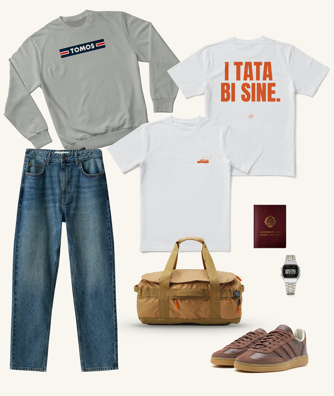 Moški stajling: majica z napisom ”I tata bi, sine.”, jeans hlače, Jus Tomos pulover, superge, potovalna torba, ura in JUS potovalni list - beležnica.