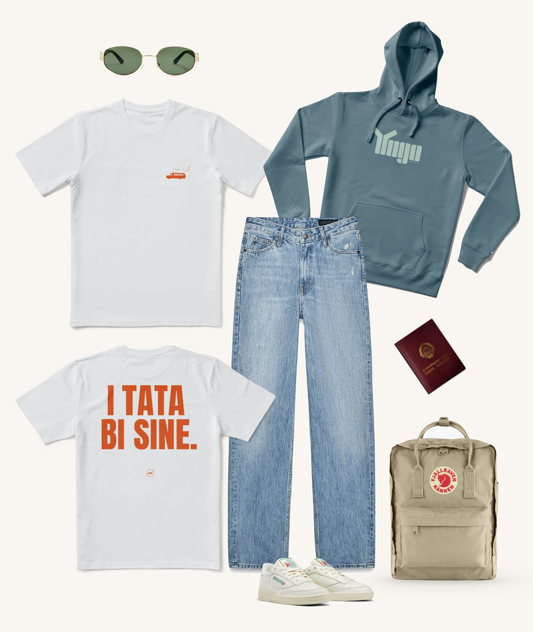 Ženski stajling: majica z napisom ”I tata bi, sine.”, jeans hlače, Jus Yugo hoodie, superge, nahrbtnik, sončna očala in JUS potovalni list - beležnica.